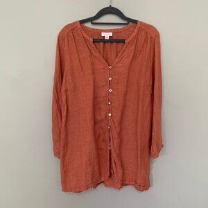 J. Jill purejill 100% linen v-neck collarless tunic button‎ front top shirt